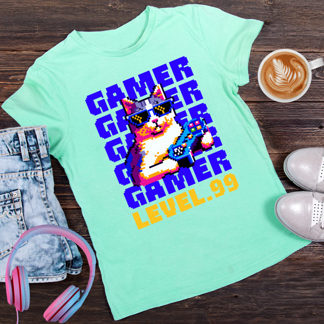 Pixel Purr-fect Gamer T-Shirt | Expert Gamer Tee